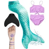 Corimori Monoflosse Meerjungfrauenflosse mit Bikini und Tattoos, Merjungfrauen Schwimmflosse mit Bikini Set