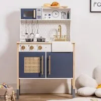 Vivitar Spielküche aus Holz, Höhenverstellbares mit Herd, Mikrowelle, Spüle & Wasserhahn, Lernspielzeug fördert Fantasie, Kreativität, Motorik Kompetenzen