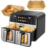 oyajia Heißluftfritteuse 9L Heißluftfritteuse RA930DSV XXL, 2 separat gesteuerte Garkammern, 2800,00 W, Touch Display, Sichtfenster, 8 Automatikprogramme/je 4,5 l pro Korb