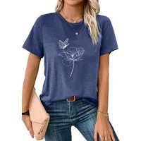 PYLIKE T-Shirt Bequemes Shirt Damen Kurzarm Sommer Basic-Shirt mit Blumen Print Bequem für Freizeit und Büro,Strandurlaub