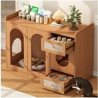 Flieks Tierhaus Katzenhaus Katzenkloschrank mit 2 Futternäpfe aus Edelstahl, Katzenhaus Katzenhöhle Holzschrank mit Schubladen und Glastüren