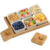Cheffinger Servierschale Servierset Snackschalen Dipschalen Servierschalen mit Tablett, Material: Holz, Porzellan