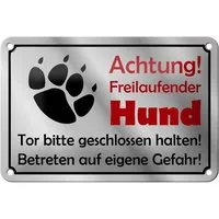 Femer GmbH Metallschild Hinweis 18x12cm Achtung Freilaufender Hund Gefahr Schild, (1 St), gewölbte Oberfläche, abgerundete Ecken, umgeschlagene Kanten