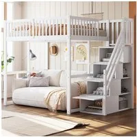 Flieks Hochbett Massivholz Kinderbett Einzelbett 140x200cm mit Stauraumtreppe
