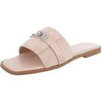Ital-Design Damen Pantolette mit Metall-Detail und flachem Fußbett Pantolette (91742339) Blockabsatz Pantoletten in Beige