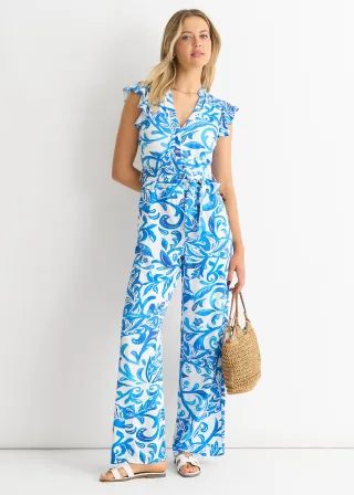 Blauer Jumpsuit mit Rüschen an den Ärmeln