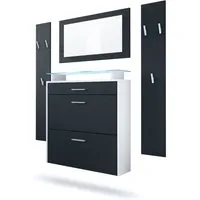 Vladon Garderoben-Set Malea, (Garderobenset bestehend aus 1 Hängeschuhschrank, 1 Wandspiegel und 2 Garderobenpaneele), Weiß matt/Schwarz matt