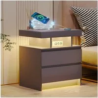 LVSOMT Nachttisch LED Nachttisch mit Ladestation, 3 Farben Licht und Steckdose, mit 2 Schubladen, aus hochwertigen MDF-Platten und leisen Schienen