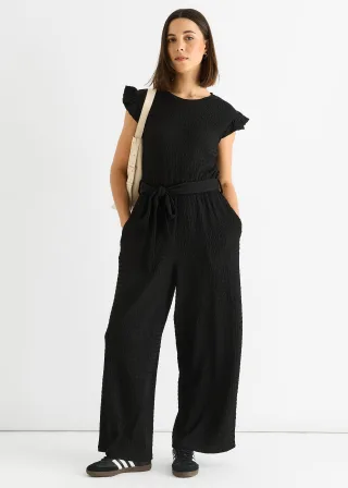 Schwarzer Jumpsuit mit elastischer Taille und Rüschen aus Stretch-Material