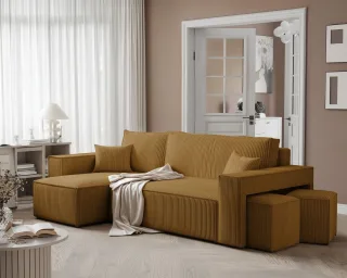 Ecksofa Schlafsofa Sofa ADARA inkl. Hocker Stoff Poso Honiggelb Ottomane Links