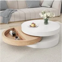 KLAM HOME Couchtisch Drehbarer Couchtisch mit 3 Ablageflächen (360° drehbare Tischplatte & praktischer Stauraum), 60x60x35 cm, 30 kg Tragkraft, Modernes Weidenholz-Design