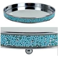 Online-Fuchs Dekotablett - Spiegeltablett aus Metall in Silber, Türkis mit Fuß - rund (Dekoschale, zur Präsentation von Vasen, Kerzen, Schmuck etc), mit türkisen Glitzerperlen und Glassteinen bestückt