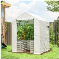 Outsunny Foliengewächshaus mit Hochbeet, Rolltor, Fenster, Schrägdach, BxTxH: 141 x 141 x 190 cm, BxLxH: 141 x 141 x 190 cm, Tomatengewächshaus 2-St., Treibhaus, für Garten, Balkon, Terrasse Weiß