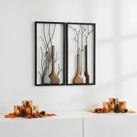 MF Wanddekoobjekt Wandbild Set Herbst Winter Vase 2 Teilig Handbemalt Metall Braun Beige (2 St)