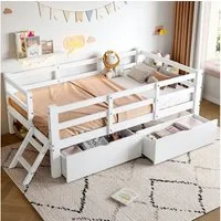 Merax Kinderbett Holz-Plattformbett 90x200cm mit Schutzgeländer & 2 Schubladen (1-tlg), Massivholzbett Jugendbett Bodenbett Einzelbett Babybett