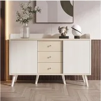 Merax Sideboard in Holzoptik für Wohnzimmer & Schlafzimmer, Kommode mit gestreiften Schiebetüren, 3 Schubladen & Massivholzbeinen