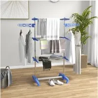 HOMCOM Wäscheständer mit Rollen, mit Klappbarem Flügel, für Indoor, Outdoor, Stahl Blau 80,142 x 55 x 152 cm