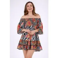 YC Fashion & Style Minikleid Off-Shoulder Kleid – Boho-Flair One Size (34-38) mit Alloverdruck