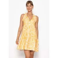 SASSYCLASSY Minikleid Sommerkleid mit Blumenprint für Damen Ärmelloses Kleid aus Viskose mit Rüschendetails Gelb