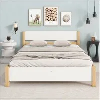 Flieks Massivholzbett, Doppelbett Kiefernholzbett mit Kopfteil und Lattenrost 140x200cm
