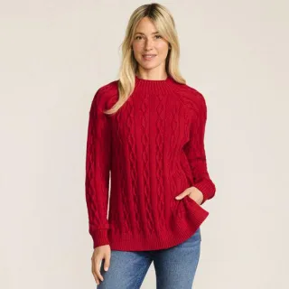 Lands' End x Lulu Guinness Lips Drifter Zopfmuster-Pullover für Damen in Petite-Größe, Damen, size: petite, Rot, by Lands' End
