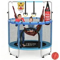Insma Kindertrampolin Jumpingtrampolin Indoor Trampolin, Ø 140 cm, mit Sicherheitsnetz, Schaukel,Basketballkorb,Ring, Sandsack bis 200kg