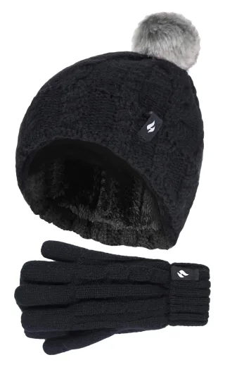 Wärmehalter - Girls Bobble Pom Pom Hat and Gloves Set | Turn Over Cuff Hat & Cable Knit Gloves Style - Schwarz