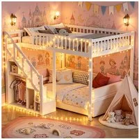 PXloue Hochbett 90/140 x 200 Stauraumbett Kinderbett (ohne LED-Lichtleiste) Holzbett Mit Treppe, Absturzsicherung, Erholungsgebiet, 140x200 cm