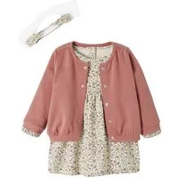 vertbaudet A-Linien-Kleid Mädchen Baby-Set: Kleid, Strickjacke & Haarband