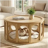 Tribesigns Couchtisch 2-in-1-Katzen-Runder-Sofatisch mit einzigartigem offenem Design (moderner Beistelltisch mit Stauraum fürs Wohnzimmer, 80 cm Durchmesser x 45 cm Höhe, einfache Montage)