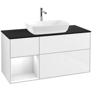 Villeroy und Boch Finion Waschtischunterschrank F822GFGF 120cm, Abdeckplatte black matt, Regale Glossy white lacquer, Glossy white lacquer