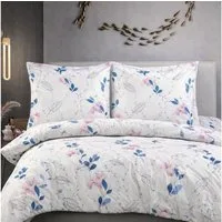 ZIRVEHOME Bettwäsche Baumwolle Bettwäsche-Set Weiß Bettbezug rosa-blauem Floralmuster, Renforce, 3 teilig, Baumwolle Bettbezug Weiß mit Blumenmuster Rosa Blau