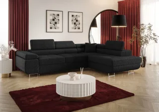 Ecksofa Schlafsofa Sofa MONARO Stoff Quelle Schwarz Ottomane Rechts
