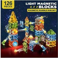 Luckice magnetische Bausteine, Lern- & Steckspiel, Kreativspielzeug für Kinder Magnetspielbausteine, (Set, 126 St., 126-teiliges Magnetbausteine-Set mit LED-Kugelbahn, wiederverwendbar), STEM Montessori Magnetbausteine mit LED-Beleuchtung & Kugelbahn