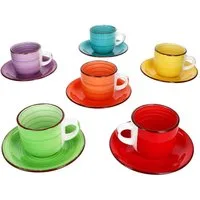 MamboCat Tasse 6er Set Uni bunt Cappuccinotassen mit Untertassen 200ml Kaffee Tee, Steingut