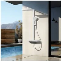 EMKE Duschsystem mit 40cm Glas Thermostat Ablage Home Duschstange aus Messing Set, Höhe 110 cm, 4 Strahlart(en), Set, Brauseschlauch,Thermostat mit Brausegarnitur und Kopfbrause, Regendusche mit Handbrause und 1,5 m Schlauch DuschsäuleSet