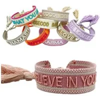 LS-LebenStil Armband Canvas Statement Armband Believe in Yourself Rosa Quasten bestickt (Baumwollarmband Webarmband Armbandliebe Freundschaftsarmband Freundschaftsband Partnerarmband, 1-tlg., textil geflochten gewebt - hochwertiger gestickter Spruch)