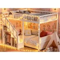 Furnishings Home Etagenbett Kinderbett Hochbett Stauraumbett (Rausfallschutz, geeignet für Jugendliche und Kinder), Holzbett 90x200 cm Mit Treppe, Absturzsicherung, Erholungsgebiet