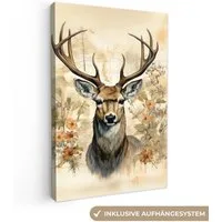 OneMillionCanvasses® Leinwandbild Vintage - Hirsch - Rotwild - Blumen - Beige - Tiere - Natur, Fotodruck (1 St), Leinwand Canvas Wandbild, Wanddekoration 20x30 cm