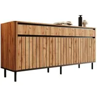 Merax Sideboard mit 3 Schubladen, 3 Lamellentüren & Metallfüßen (160 L x 40 B x 73 H cm, 1 St), TV-Schrank Eichenoptik Aufbewahrungsschrank Kommode