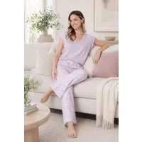 COOLISMO NIGHTWEAR Pyjama weiche Baumwolle in Lavendel mit Print Hose (2 tlg) eleganter Damen Schlafanzug