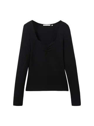Denim Tom Tailor - Langarmshirt mit Rippstruktur deep black - Gr. - L
