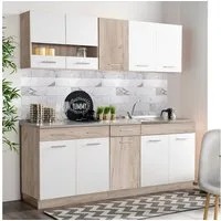Homestyle4u Küchenzeile 200 cm ohne Geräte Singleküche Küchenschränke Weiß matt Eiche Braun, (Oberschränke, Unterschränke, 2 Arbeitsplatten, Einbauküche), Küchenblock, Einbauküche