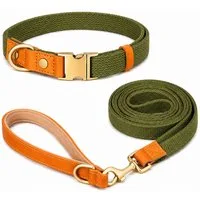 Illes-Laedchen Hunde-Halsband hochwertiges Hundehalsband & Hundeleine Set aus Nylon mit Leder, – Verstellbares Hunde Set in verschiedenen Größen & Farben