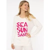 Zwillingsherz Sweater "Sea Sand Sun" Flock-Print, ausgefranster Rundhalsausschnitt, Langarm