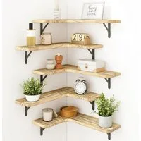BlingBin Wandboard Schwebendes Eckregal, 5er Set Wandregal, Regalbrett aus Holz, 5er Set 5-tlg., Schweberegale für Badezimmer, Wohnzimmer, Küche, Hellbraun