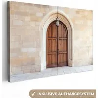 OneMillionCanvasses® Leinwandbild Holz - Tür - Laterne, Fotodruck (1 St), Leinwand Bilder Klein, Wand Dekoration Aesthetic 30x20 cm