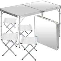 Goods+Gadgets Klapptisch Höhenverstellbarer Tisch Set mit 4 Stühlen Klapptisch Camping&Garten (Mehrzwecktisch, Campingtisch Markttisch), Multifunktionstisch mit 4 Stühlen - Weiß