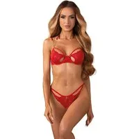 Obsessive Set: Bügel-BH Matildea Dessous Set: BH und String aus Spitze mit Ketten - rot (2-tlg) Spitzen-String mit offener Schrittpartie und Kette auf der Rückseite