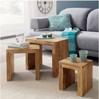 FINEBUY Satztisch SuVa2388_1 3er Set Massivholz Wohnzimmertisch Landhausstil (Beistelltisch 3er Set Akazie Massivholz Modern), Kleiner Wohnzimmertisch, Sofatisch Couchtisch